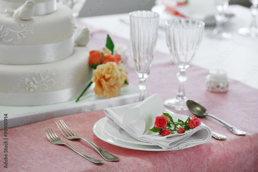 Beautiful served table for wedding or other celebration in restaurant Beautiful served table for wedding or other celebration in restaurant