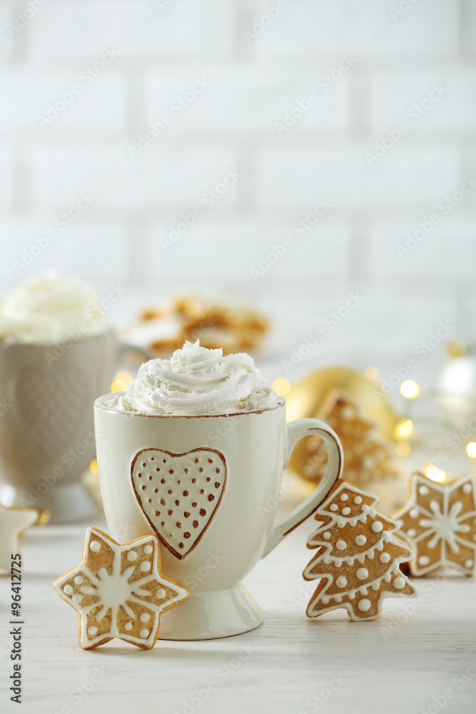 Beautiful composition with cups of cappuccino and Christmas cookies Beautiful composition with cups of cappuccino and Christmas cookies