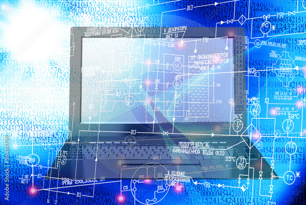 Naklejka premium E-connection engineering computer technology.Notebook and engineering scheme