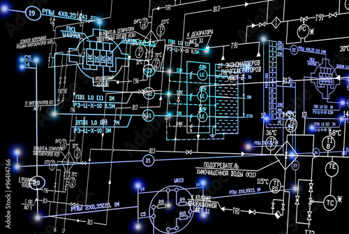 Engineering industrial electrical scheme with blue luminescence on black background.Power industrial technology