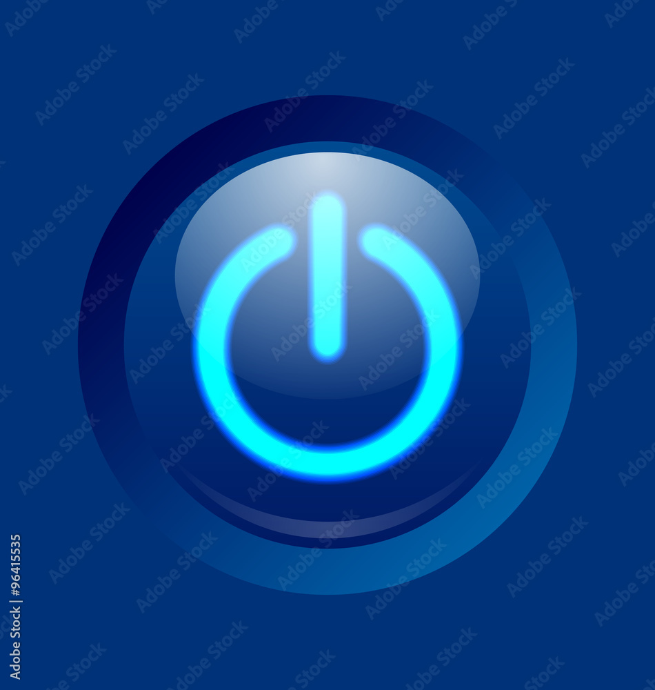 Blue glowing power on, off or standby button Blue glowing power on, off or standby button