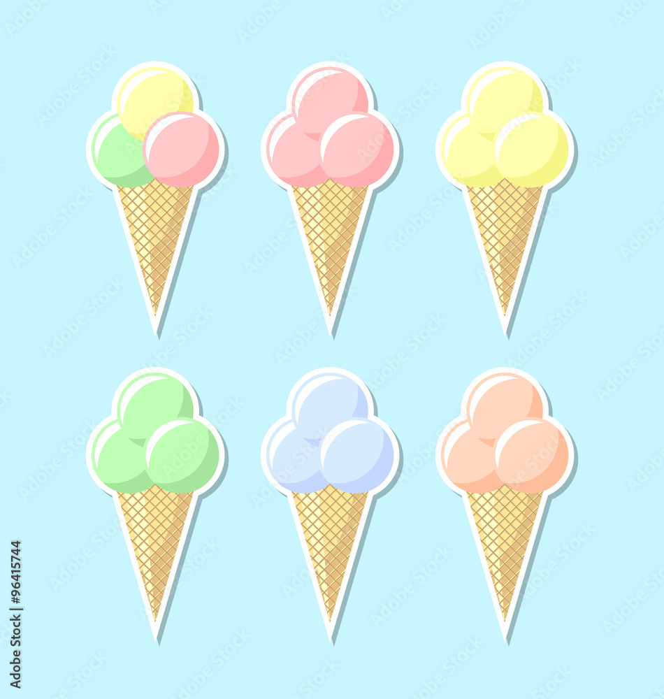Retro flat ice cream icons on pale blue background Retro flat ice cream icons on pale blue background
