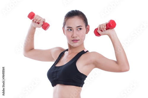Portrait of sport woman doing exercise with lifting weights