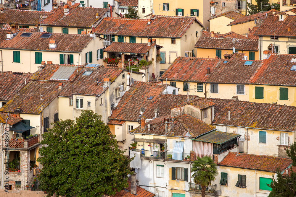 Detail view of traditional Italian town roofs and houses, Lucca,
