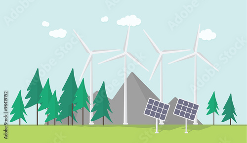 Flat eco design, rural landscape with windmill, solar panels, field, forest, mountains