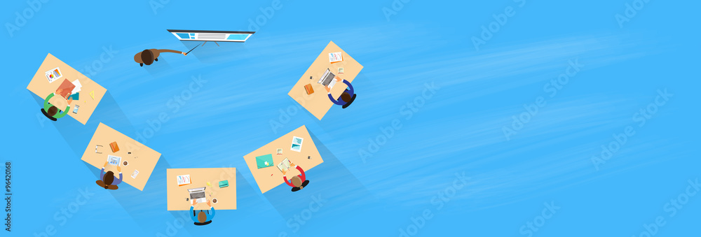 Business People Training Top Above View Sitting Desk Businesspeople Business People Training Top Above View Sitting Desk Businesspeople