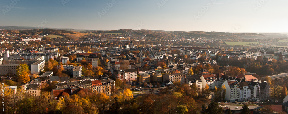 autumn Plauen city panorama from lookout on Barenstein hill