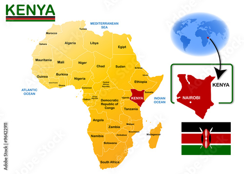 Fototapeta Kenya, map and flag