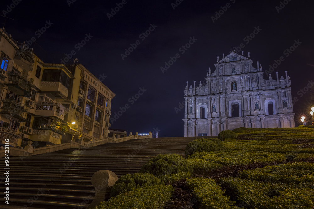 Ruins of St Paul Church at night in Macau