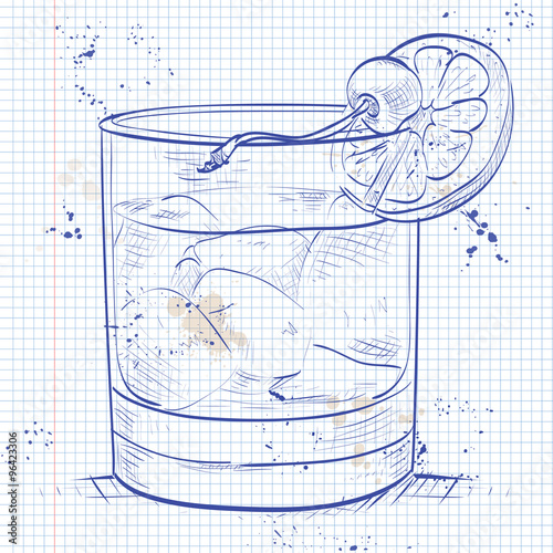 Old fashioned cocktail on a notebook page
