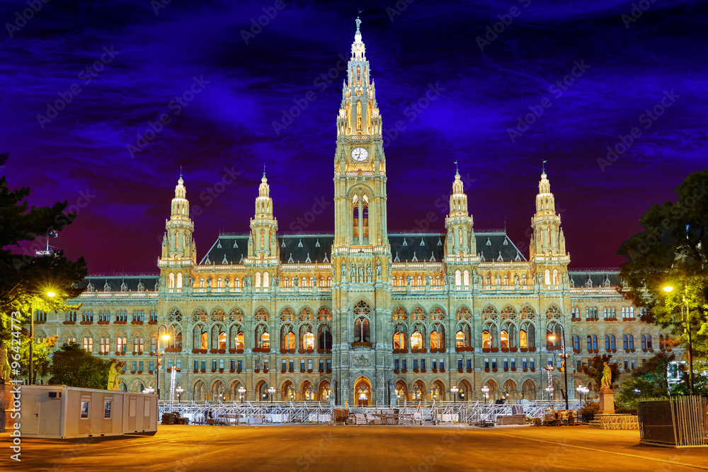 Vienna's Town Hall (Rathaus) at nightime.Vienna. Austria.