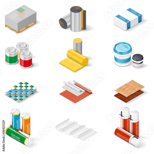 Decoration and insulation materials isometric icon set