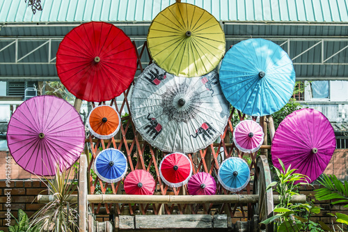 colored silk umbrellas in traditional style handmade in Thailand