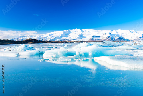 Jokulsarlon Glacier Lake In South Iceland With Clear Blue Sky