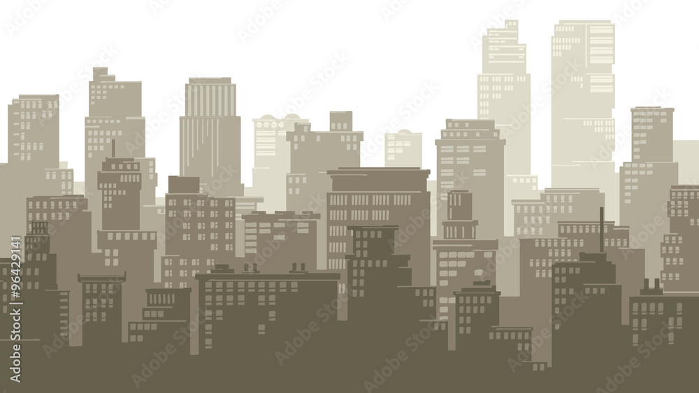 Horizontal illustration of cartoon big city.