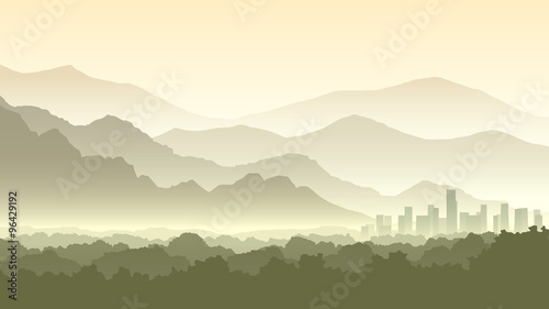 Horizontal cartoon illustration of misty forest hills with city.
