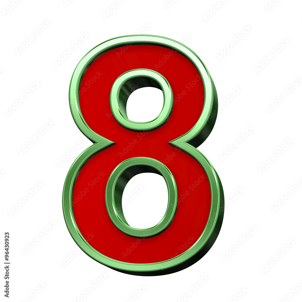 One digit from red glass with green frame alphabet set, isolated on white. Computer generated 3D photo rendering. One digit from red glass with green frame alphabet set, isolated on white. Computer generated 3D photo rendering.