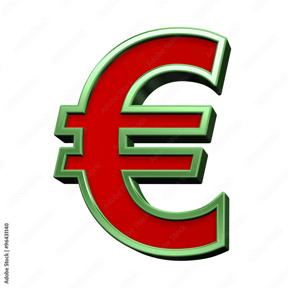 Euro sign from red glass with green frame alphabet set, isolated on white. Computer generated 3D photo rendering. Euro sign from red glass with green frame alphabet set, isolated on white. Computer generated 3D photo rendering.
