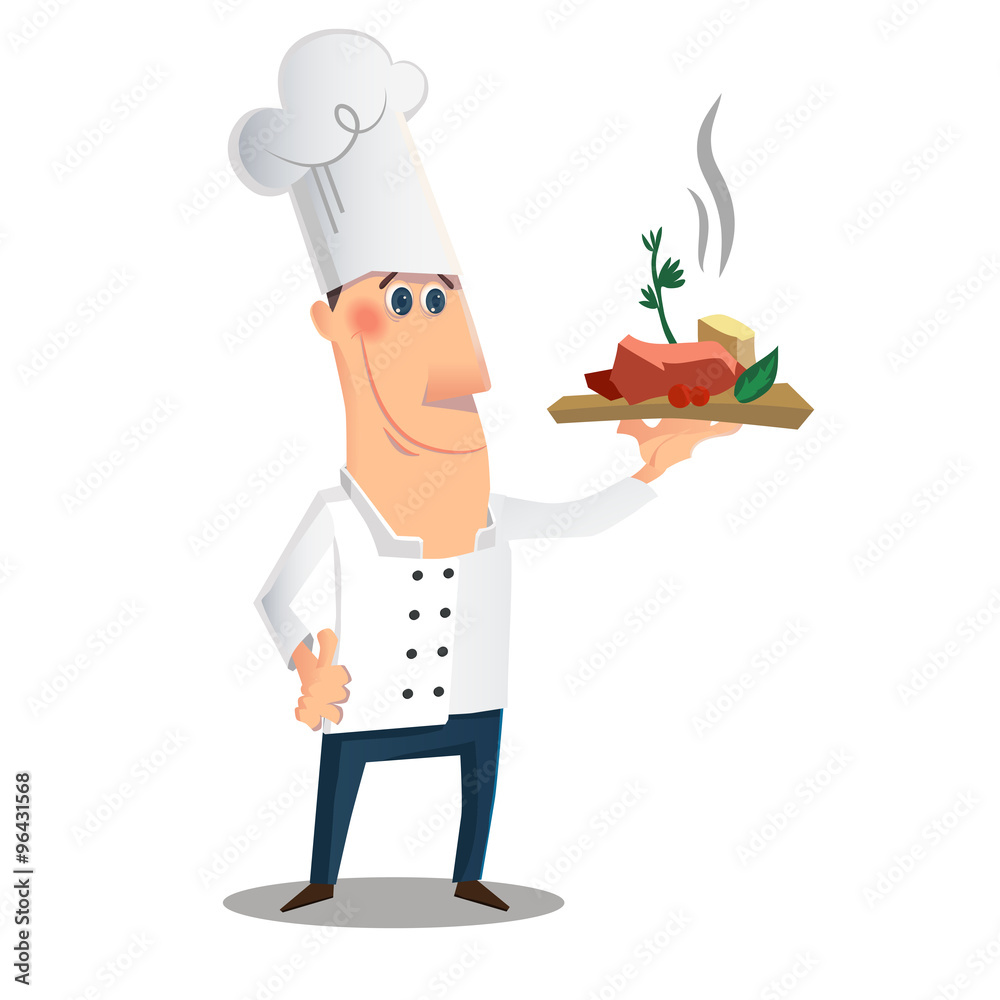 Cartoon chef character. Chef serving the dish. Vector illustration Cartoon chef character. Chef serving the dish. Vector illustration