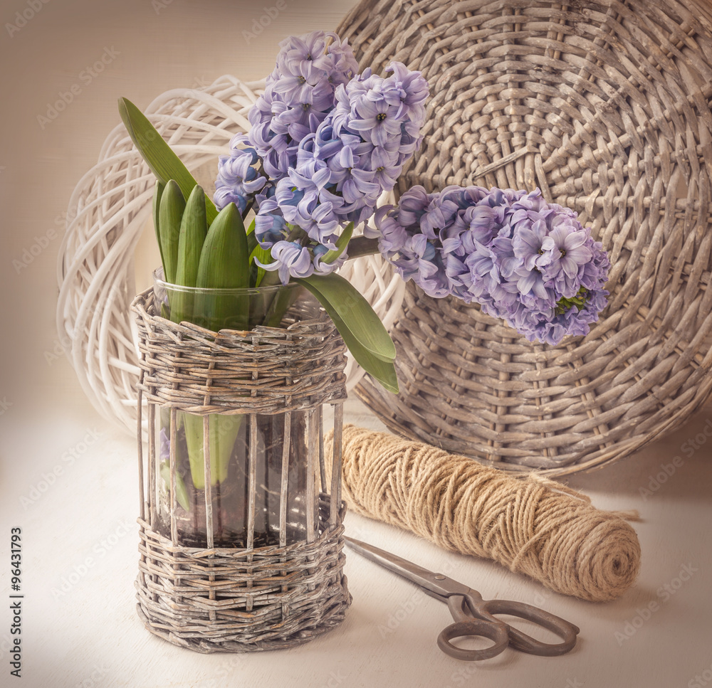 Hyacinths and  scissors in the window. Retro toning