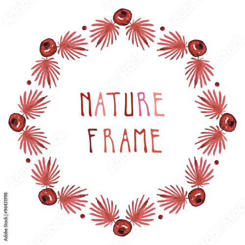 Watercolor palm leaves and garnet vector frame with handwritten text