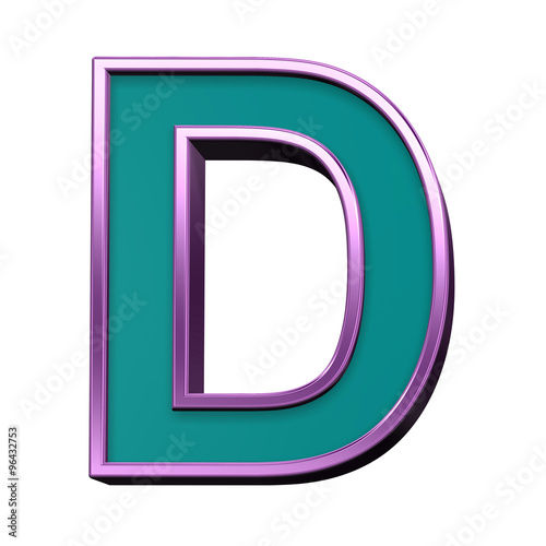 One letter from blue glass with purple frame alphabet set, isolated on white. Computer generated 3D photo rendering.