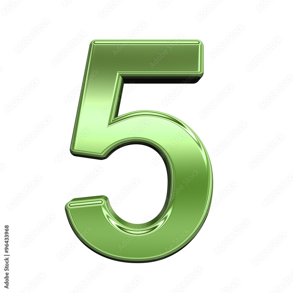 One digit from shiny green alphabet set, isolated on white. Computer generated 3D photo rendering.