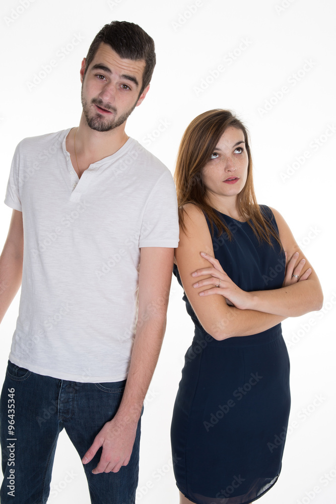 Closeup portrait of two people or couple back to back thinking deeply about something Closeup portrait of two people or couple back to back thinking deeply about something