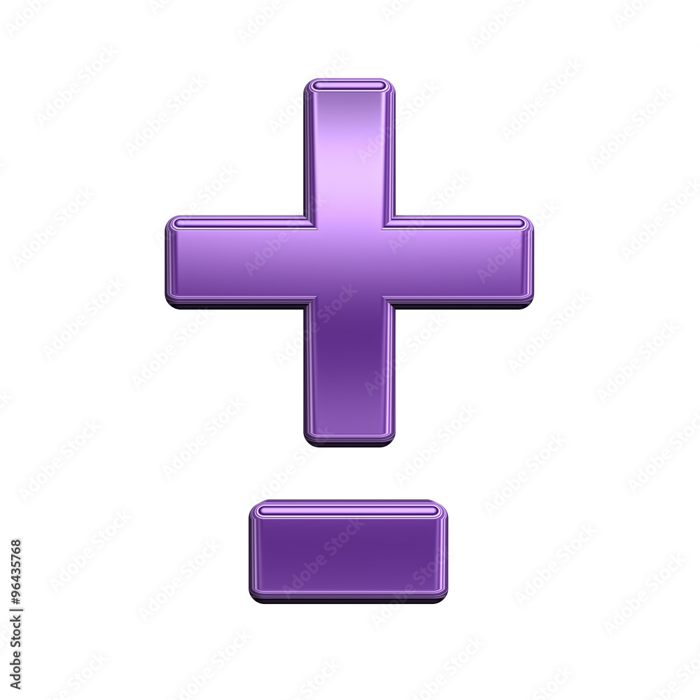 Obraz premium Hyphen, minus, plus marks from shiny purple alphabet set, isolated on white. Computer generated 3D photo rendering.