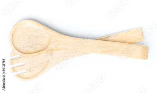 Wooden spoon and Fork on White background