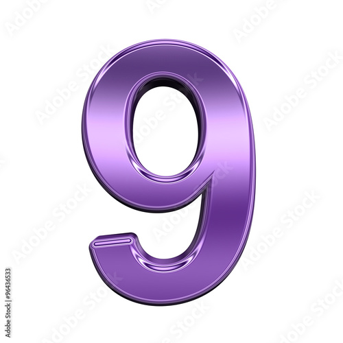 One digit from shiny purple alphabet set, isolated on white. Computer generated 3D photo rendering.