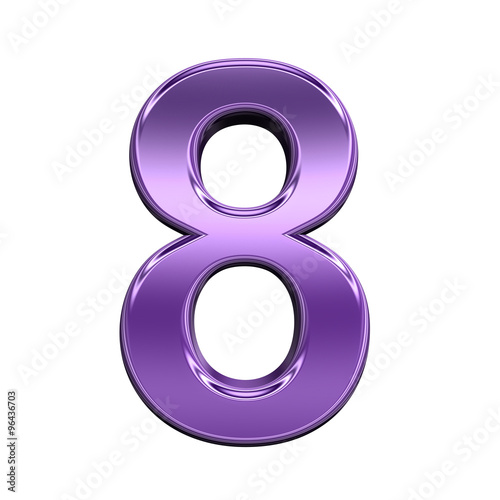 One digit from shiny purple alphabet set, isolated on white. Computer generated 3D photo rendering.