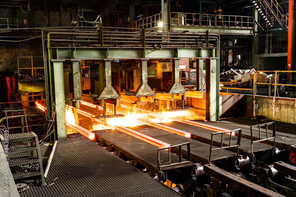 hot steel on conveyor in steel mill - obrazy, fototapety, plakaty 