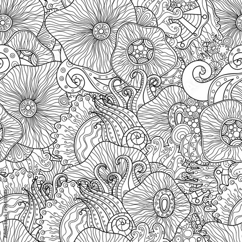 Doodle black and white abstract hand-drawn background. Wavy seamless pattern.