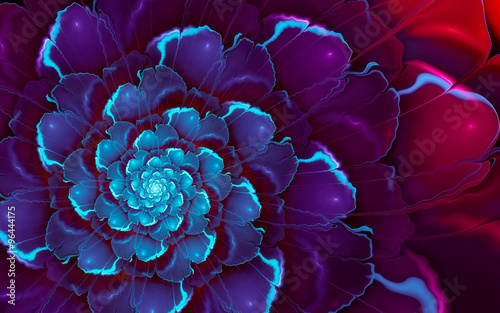 Abstract fractal background, blue-purple decorative glossy flower with cyan highlights