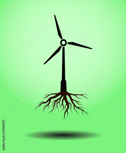 The concept of ecological energy. Wind turbine with roots.