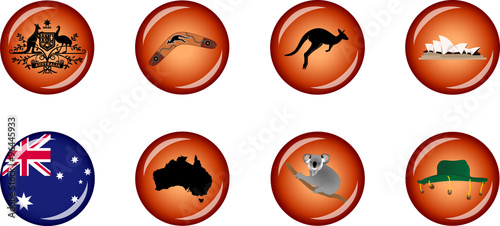 Australia Glossy Icon Set.
Set of vector graphic glossy icons representing symbols and landmarks of Australia.