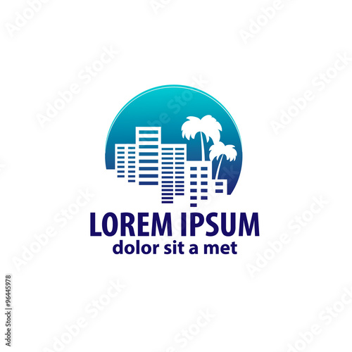 logo with a silhouette of the city and palm