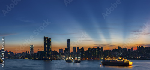 Panorama of Victoria Harbor in Hong Kong at dusk