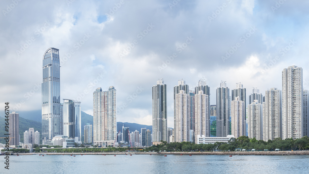 Naklejka premium Panorama view of Harbor of Hong Kong City
