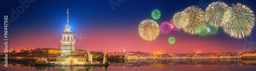 Beautiful fireworks and cityscape of Istanbul