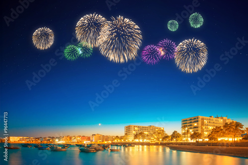 Beautiful fireworks under Ibiza island night view