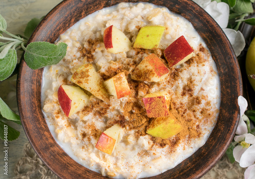 Oatmeal with apple and cinnamon in the bowl