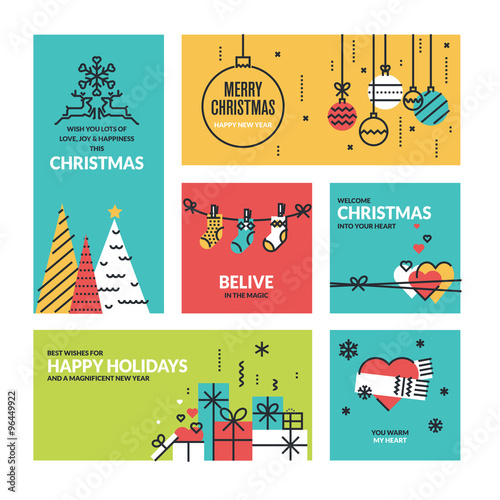 Christmas and New Year's collection. Flat line design vector illustrations for greeting cards, website banners and badges, gift tags and marketing material.