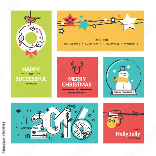 Christmas and New Year's collection. Flat line design vector illustrations for greeting cards, website banners and badges, gift tags and marketing material.