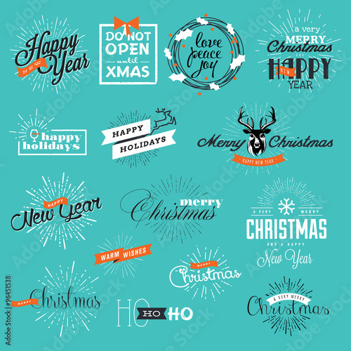 Set of vintage Christmas and New YearÃ¢??s labels and elements for greeting cards, gift tags, Christmas sale, web design, product promotion, e-commerce and marketing material.