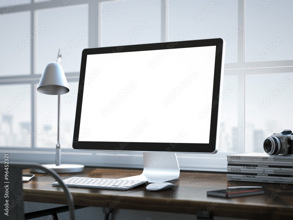 Stylish workplace with modern computer in the loft interior. Stylish workplace with modern computer in the loft interior.