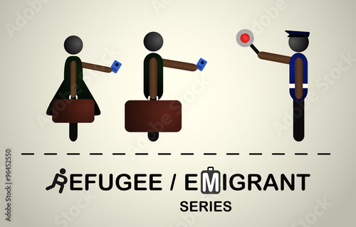 People with bags and passports at the passport control with the policeman.Emigrant / refugee series.