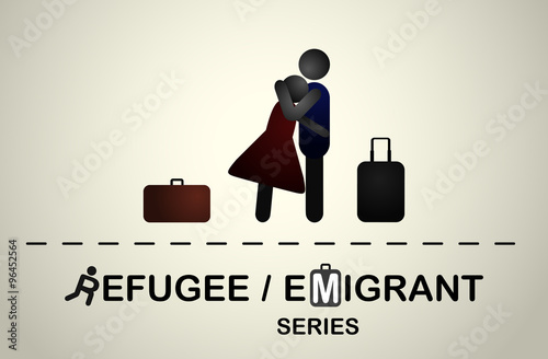 A man hugs a girl with suitcases after a trip. Emigrant / refugee series.