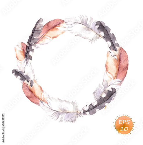 Vintage wreath feathers border in boho style. Watercolor vector